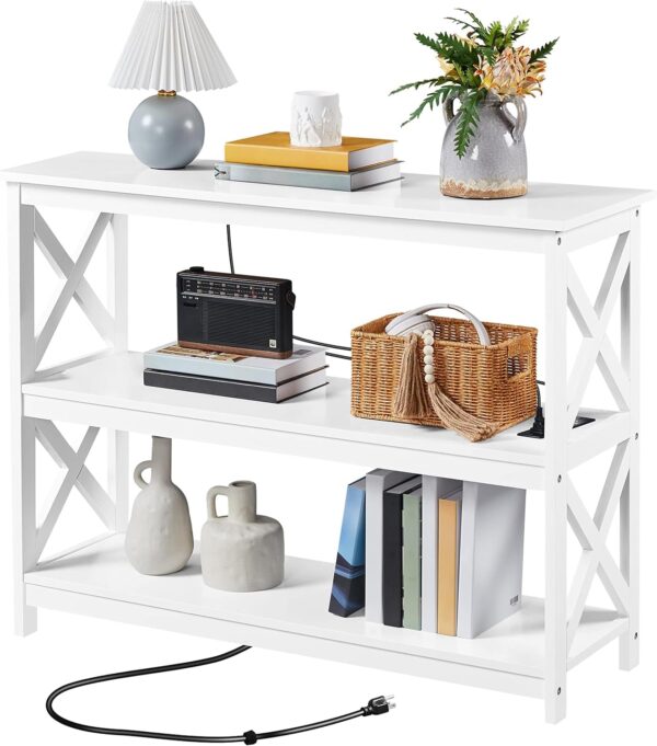 Yaheetech Entryway Table with Storage Shelves, Console Table with Power Outlets and USB Ports, Wood Narrow Sofa Tables with X-Shaped Design for Living Room/Hallway/Couch, White 1