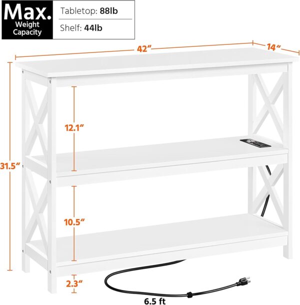 Yaheetech Entryway Table with Storage Shelves, Console Table with Power Outlets and USB Ports, Wood Narrow Sofa Tables with X-Shaped Design for Living Room/Hallway/Couch, White 3