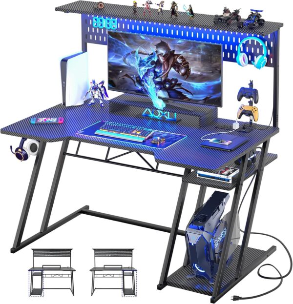 Armocity Gaming Computer Desk with Shelves and Outlets, Gaming Desk with Hutch and LED Lights, Reversible PC Gaming Desks with Pegboard, Carbon Fiber Black 47'' 1