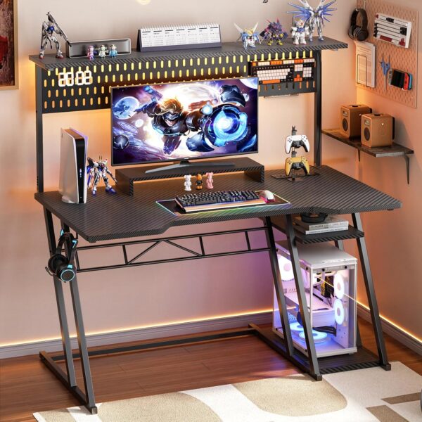 Armocity Gaming Computer Desk with Shelves and Outlets, Gaming Desk with Hutch and LED Lights, Reversible PC Gaming Desks with Pegboard, Carbon Fiber Black 47'' 2