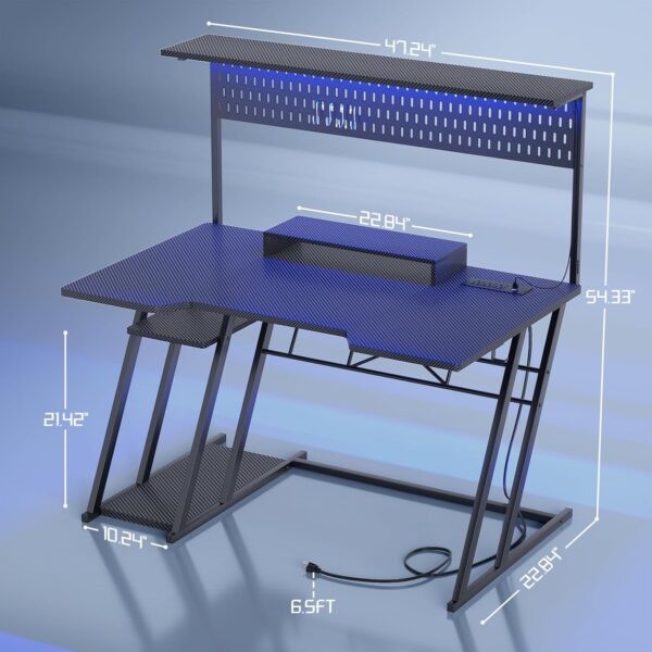 Armocity Gaming Computer Desk with Shelves and Outlets, Gaming Desk with Hutch and LED Lights, Reversible PC Gaming Desks with Pegboard, Carbon Fiber Black 47'' 3