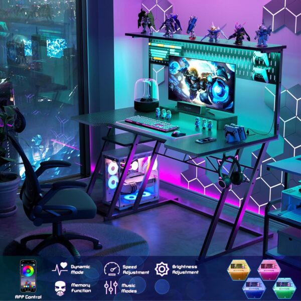Armocity Gaming Computer Desk with Shelves and Outlets, Gaming Desk with Hutch and LED Lights, Reversible PC Gaming Desks with Pegboard, Carbon Fiber Black 47'' 4