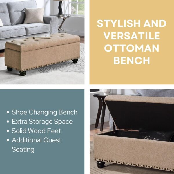 Convenience Concepts Designs4Comfort 9th Avenue Upholstered Storage Ottoman Bench 42" - Contemporary Foot Stool and Seat with Hinged Lid for Living Room, Hallway, Entryway, Tan Fabric 4