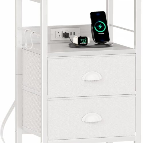 WF7786MAX_1 Furologee End Table with Charging Station, Nightstand with Fabric Drawers, Side Tables with USB Ports & Outlets, Night Stand with Storage Shelf & Hooks, for Living Room/Bedroom, White