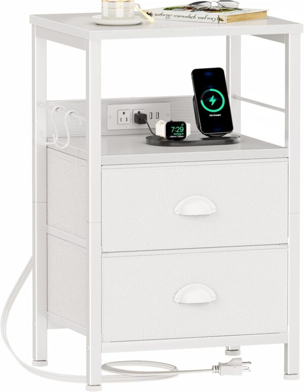 Furologee End Table with Charging Station, Nightstand with Fabric Drawers, Side Tables with USB Ports & Outlets, Night Stand with Storage Shelf & Hooks, for Living Room/Bedroom, White 1