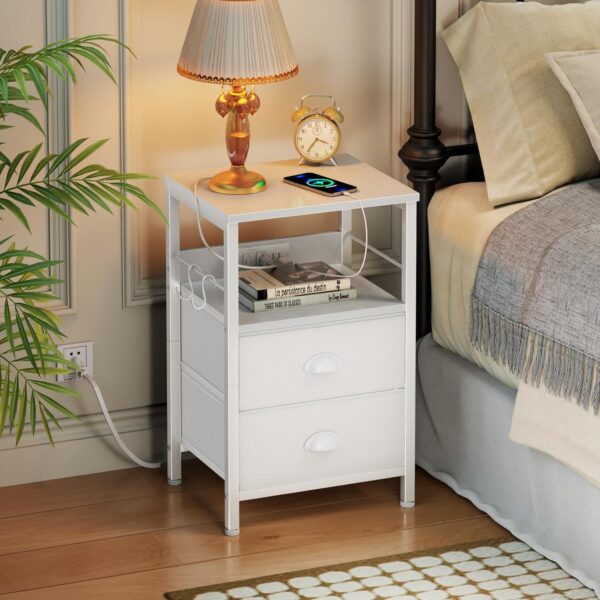 Furologee End Table with Charging Station, Nightstand with Fabric Drawers, Side Tables with USB Ports & Outlets, Night Stand with Storage Shelf & Hooks, for Living Room/Bedroom, White 2