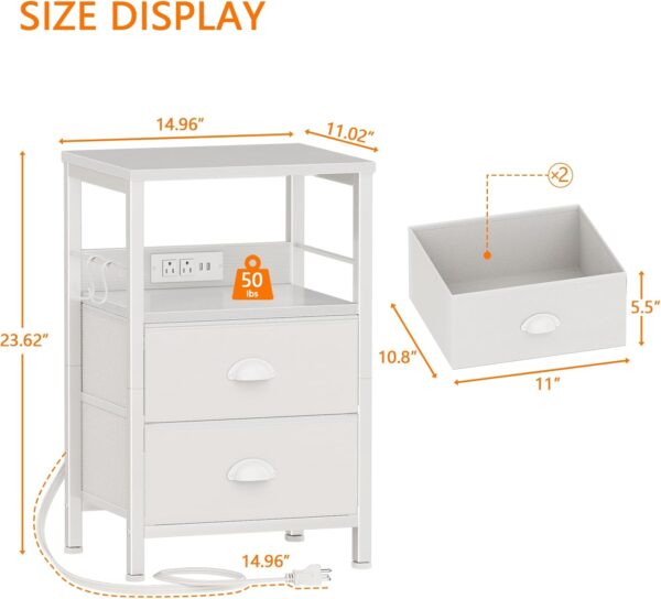 Furologee End Table with Charging Station, Nightstand with Fabric Drawers, Side Tables with USB Ports & Outlets, Night Stand with Storage Shelf & Hooks, for Living Room/Bedroom, White 3