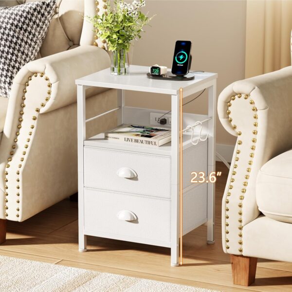 Furologee End Table with Charging Station, Nightstand with Fabric Drawers, Side Tables with USB Ports & Outlets, Night Stand with Storage Shelf & Hooks, for Living Room/Bedroom, White 4