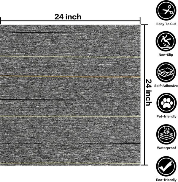 24 * 24in Self-Adhesive Carpet Tiles, Peel and Stick Floor Squares for Home Office, Removable Decorative Rug Mat, Easy Install, Sound Absorbing (10Pcs Light Grey) 2