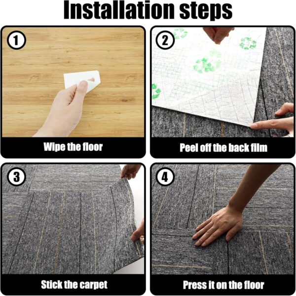 24 * 24in Self-Adhesive Carpet Tiles, Peel and Stick Floor Squares for Home Office, Removable Decorative Rug Mat, Easy Install, Sound Absorbing (10Pcs Light Grey) 3