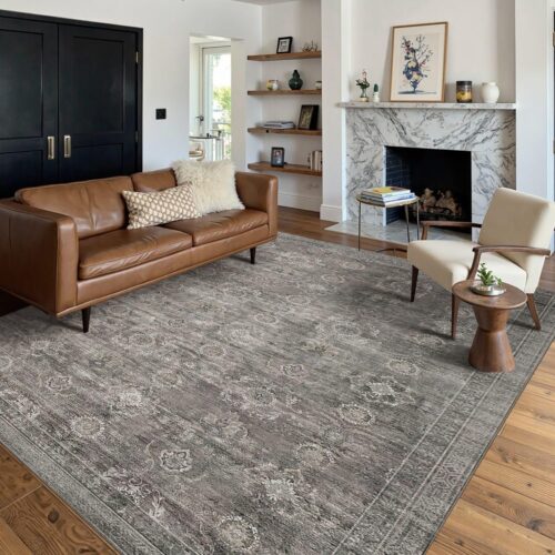 WF9274MAX_1 Rugxara Area Rugs 5x7 for Living Room Bedroom, Grey Washable Rug, Vintage Retro Boho Rug, Non Slip & Low Pile Faux Wool Thin Carpet for Indoor Dining Room, Dorm and Kids Room(Taupe/Grey 5x7ft)