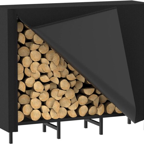 WF9434MAX_1 CADUKE 4ft Firewood Rack with Cover, Outdoor Firewood Log Rack for Fireplace, Indoor Firewood Storage, Heavy Duty Fire Wood Stand, Black