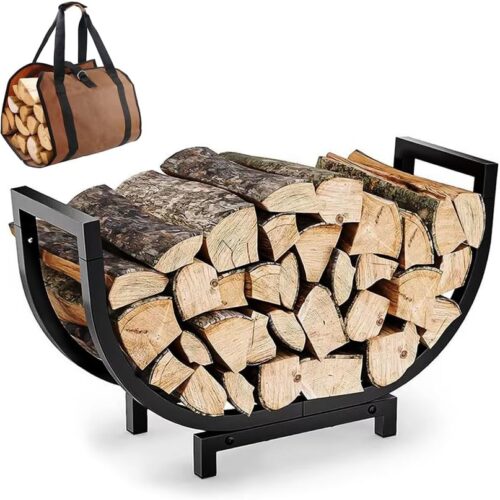 WF9591MAX_1 24-in Curved Firewood Rack with Log Carrier, Heavy Duty Steel Indoor Outdoor Firewood Holder, Waterproof Rustproof Log Stand with Foldable Canvas Tote Bag, Black