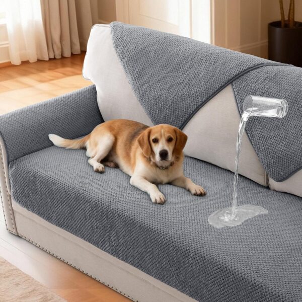 H.VERSAILTEX Waterproof Couch Cover Plush Sofa Cover with Strap Soft Anti Slip Sofa Slipcovers for 3 Cushion Sofa Couch Protector Cover for Dogs Cats Kids,36x72'',Gray 1