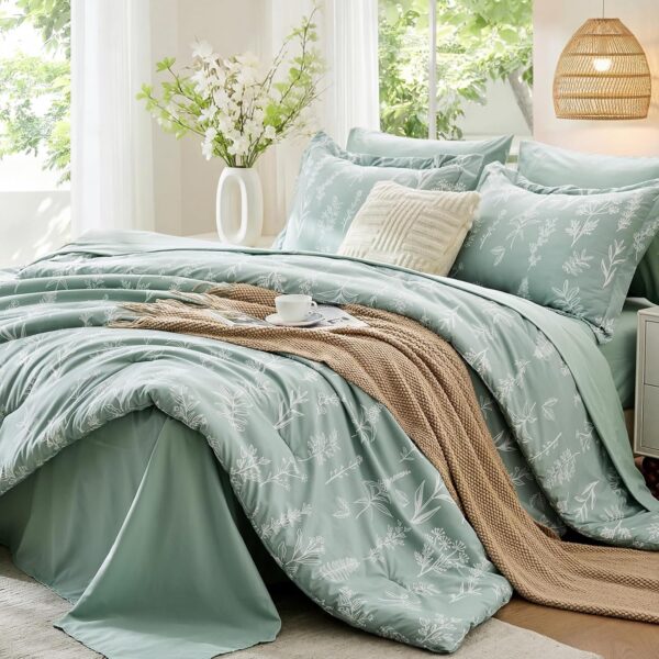 Queen Comforter Set 7 Pieces, Sage Green Bed in a Bag Queen Reversible Botanical Flowers Design, Ultra Soft & Breathable Bedding Sets with Comforter, Sheets, Pillowcases & Shams 1
