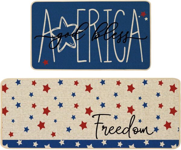 Memorial Day Patriotic Kitchen Mats Set of 2, 4th of July Independence Day Kitchen Rugs for Floor Low-Profile Holiday Home Decor 17x29 and 17x47 Inch 1