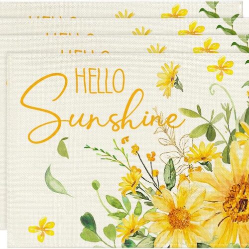 1 Hello Sunshine Sunflower Summer Placemats Set of 4, 12x18 Inch Seasonal Spring Holiday Table Mats for Party Kitchen Dining Decoration