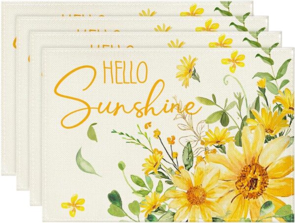 Hello Sunshine Sunflower Summer Placemats Set of 4, 12x18 Inch Seasonal Spring Holiday Table Mats for Party Kitchen Dining Decoration 1