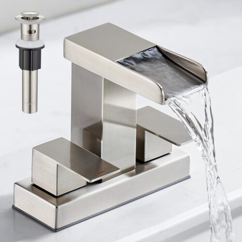 1 Waterfall Bathroom Faucet for Sink 3 Hole, 4 inch, Brushed Nickel Waterfall Sink Faucets with Pop-up Drain and 2 Supply Hoses, Stainless Steel 2-Handle Centerset Faucet for Sink Vanity, T-6008BN