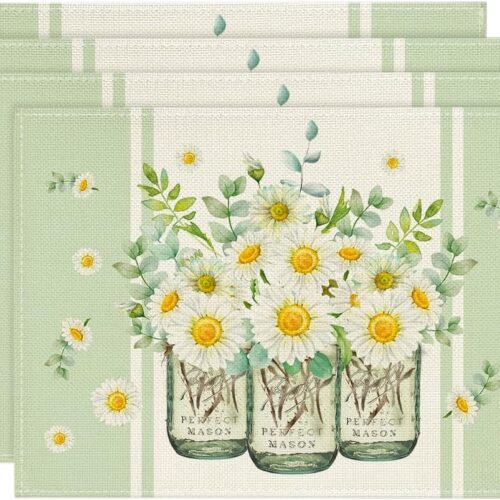 1 Eucalyptus Leaves Daisy Vase Placemats for Dining Table, 12 x 18 Inch Spring Easter Summer Seasonal Holiday Decoration Rustic Vintage Washable Table Mats Set of 4 Green