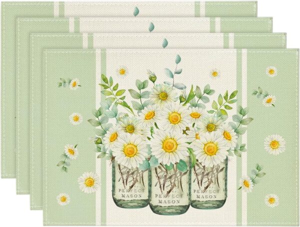 Eucalyptus Leaves Daisy Vase Placemats for Dining Table, 12 x 18 Inch Spring Easter Summer Seasonal Holiday Decoration Rustic Vintage Washable Table Mats Set of 4 Green 1