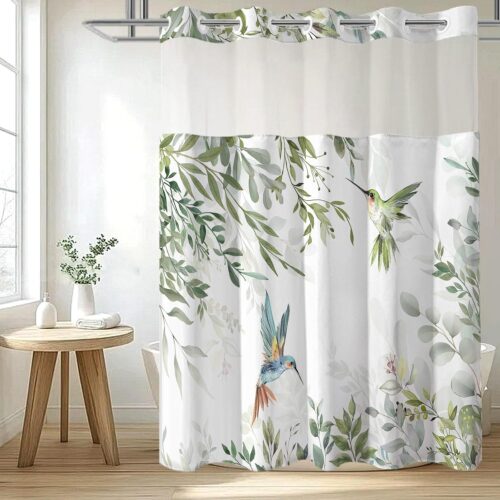 1 No Hook Shower Curtain with Snap in Liner Set, Green Hummingbird Eucalyptus Design, Waterproof Fabric Floral Shower Curtains for Bathroom Decor with See Through Mesh Top Window 71x74 Inch
