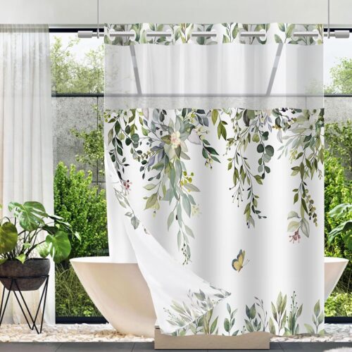 1 No Hook Shower Curtain and Liner Set, Sage Green Eucalyptus Floral Shower Curtains for Bathroom, Bath Curtain Sets with Snap in Liner, Waterproof with See Through Top Window, 71x74 Inches