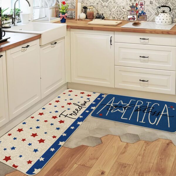 Memorial Day Patriotic Kitchen Mats Set of 2, 4th of July Independence Day Kitchen Rugs for Floor Low-Profile Holiday Home Decor 17x29 and 17x47 Inch 2