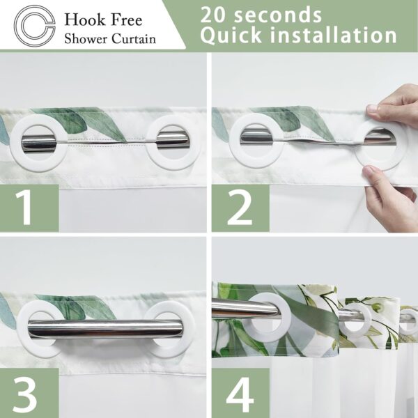 No Hook Shower Curtain with Snap in Liner Set, Green Hummingbird Eucalyptus Design, Waterproof Fabric Floral Shower Curtains for Bathroom Decor with See Through Mesh Top Window 71x74 Inch 4