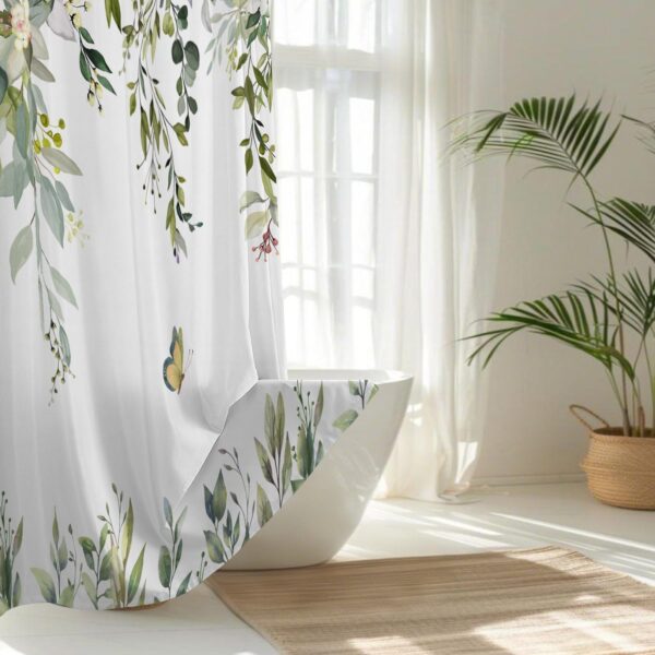 No Hook Shower Curtain and Liner Set, Sage Green Eucalyptus Floral Shower Curtains for Bathroom, Bath Curtain Sets with Snap in Liner, Waterproof with See Through Top Window, 71x74 Inches 2