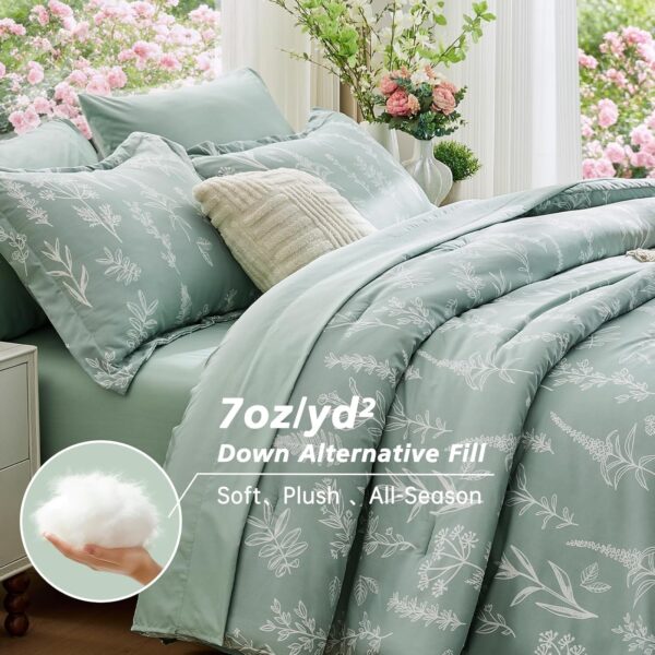 Queen Comforter Set 7 Pieces, Sage Green Bed in a Bag Queen Reversible Botanical Flowers Design, Ultra Soft & Breathable Bedding Sets with Comforter, Sheets, Pillowcases & Shams 3