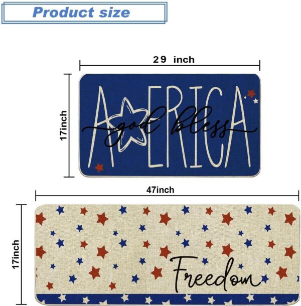 Memorial Day Patriotic Kitchen Mats Set of 2, 4th of July Independence Day Kitchen Rugs for Floor Low-Profile Holiday Home Decor 17x29 and 17x47 Inch 3