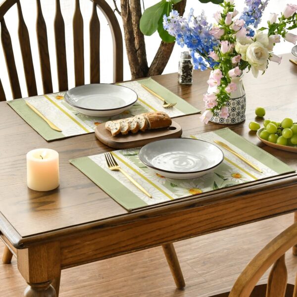 Eucalyptus Leaves Daisy Vase Placemats for Dining Table, 12 x 18 Inch Spring Easter Summer Seasonal Holiday Decoration Rustic Vintage Washable Table Mats Set of 4 Green 3