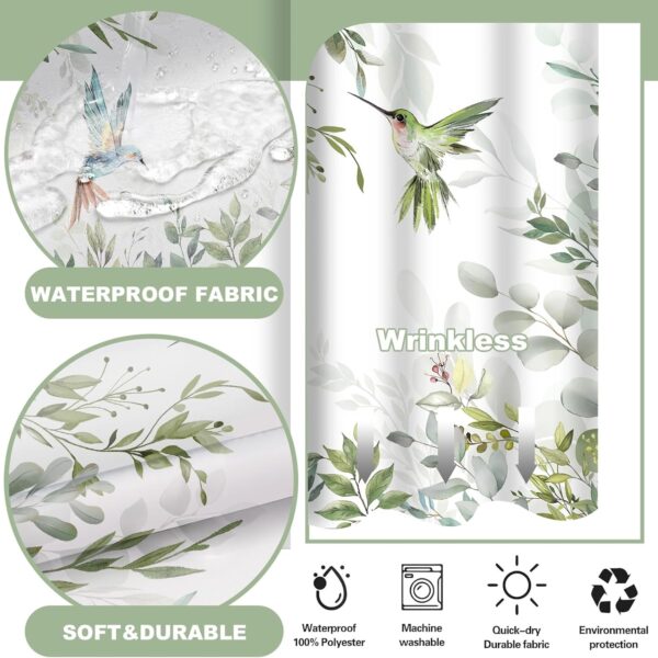 No Hook Shower Curtain with Snap in Liner Set, Green Hummingbird Eucalyptus Design, Waterproof Fabric Floral Shower Curtains for Bathroom Decor with See Through Mesh Top Window 71x74 Inch 3