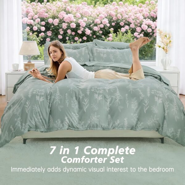 Queen Comforter Set 7 Pieces, Sage Green Bed in a Bag Queen Reversible Botanical Flowers Design, Ultra Soft & Breathable Bedding Sets with Comforter, Sheets, Pillowcases & Shams 4