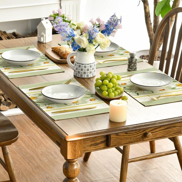 Eucalyptus Leaves Daisy Vase Placemats for Dining Table, 12 x 18 Inch Spring Easter Summer Seasonal Holiday Decoration Rustic Vintage Washable Table Mats Set of 4 Green 4