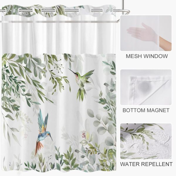 No Hook Shower Curtain with Snap in Liner Set, Green Hummingbird Eucalyptus Design, Waterproof Fabric Floral Shower Curtains for Bathroom Decor with See Through Mesh Top Window 71x74 Inch 2