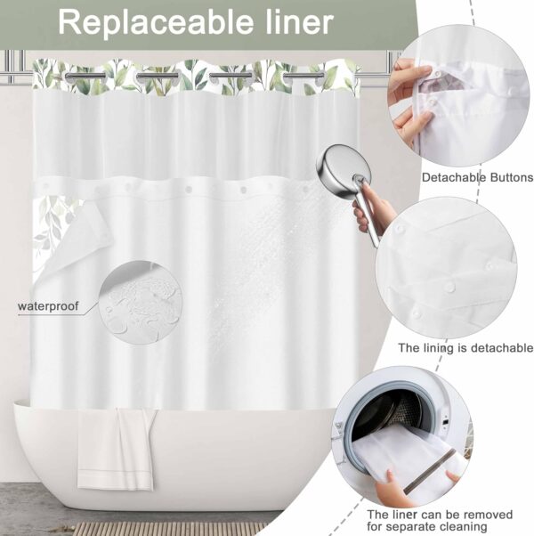 No Hook Shower Curtain and Liner Set, Sage Green Eucalyptus Floral Shower Curtains for Bathroom, Bath Curtain Sets with Snap in Liner, Waterproof with See Through Top Window, 71x74 Inches 4