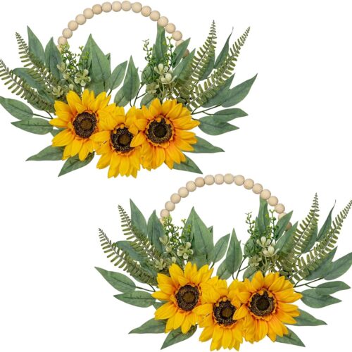 DILATATA 10" Artificial Floral Wood Bead Wreaths, 2 Pack Sunflower Eucalyptus Leaves, Boho Farmhouse Wall Decor, Front Door Porch Decor, Indoor/Outdoor