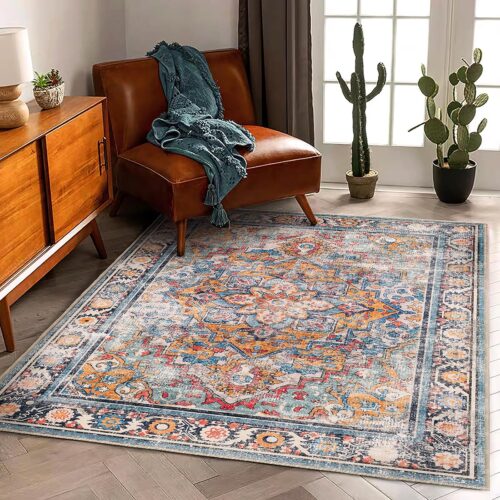 CHAMPLANT Washable Area Rug 5'x7' Retro Boho Chic Medallion Distressed Design Living Room Indoor Non-Slip Large Oriental Accent Throw Rug for Kitchen Bedroom Office Carpet