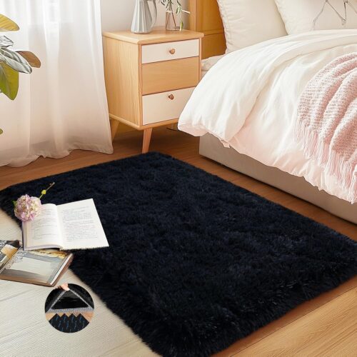 KHLS-PAR-SS70384_1 Black Area Rug for Bedroom, 2x3 Small Rugs for Living Room Nursery Kids Room Dorm Home Decor Aesthetic, Fluffy Shaggy Rug with 4 Anti-Slip Carpet Tapes