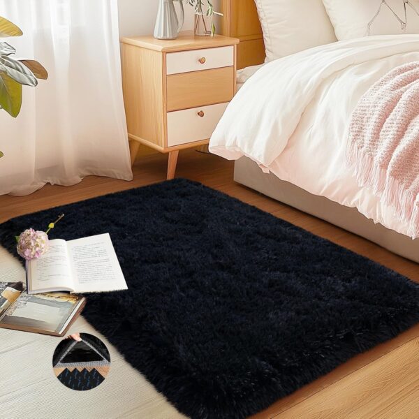 Black Area Rug for Bedroom, 2x3 Small Rugs for Living Room Nursery Kids Room Dorm Home Decor Aesthetic, Fluffy Shaggy Rug with 4 Anti-Slip Carpet Tapes 1