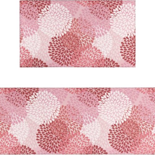 KHLS-SEV-AP-049_1 Pink Floral Kitchen Rug Mat Decor Sets of 2 Non-Slip Washable Pink Kitchen Mats for Floor 2 Piece