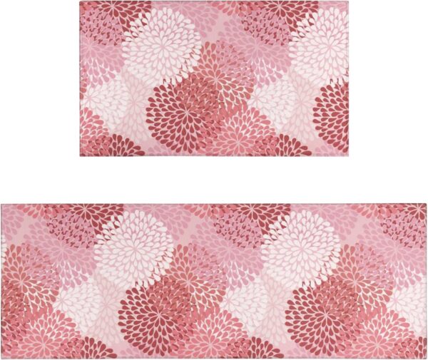 Pink Floral Kitchen Rug Mat Decor Sets of 2 Non-Slip Washable Pink Kitchen Mats for Floor 2 Piece 1