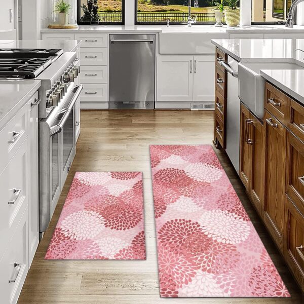 Pink Floral Kitchen Rug Mat Decor Sets of 2 Non-Slip Washable Pink Kitchen Mats for Floor 2 Piece 2