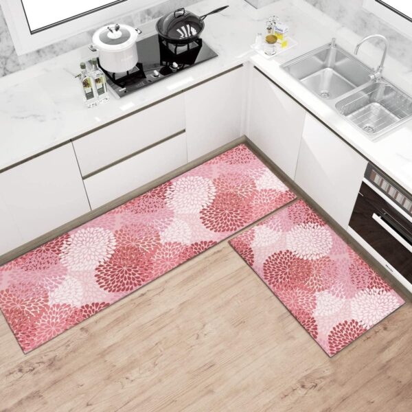 Pink Floral Kitchen Rug Mat Decor Sets of 2 Non-Slip Washable Pink Kitchen Mats for Floor 2 Piece 4