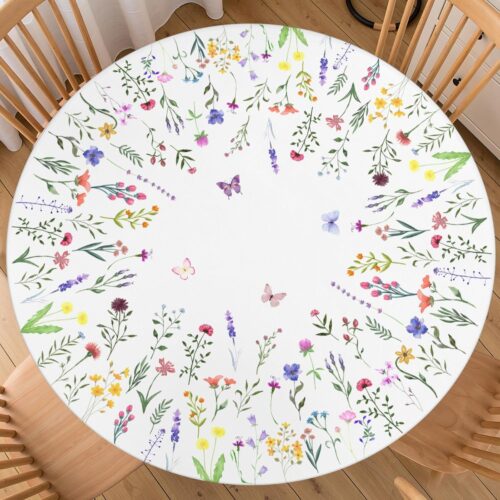 KHLS-SEV-AP-1398_1 Spring Summer Floral Round Fitted Tablecloth with Elastic Edge 40-44 Inch Wildflower Butterfly Table Cover Washable Rustic Farmhouse Table Cloth for Kitchen Dining Easter Party Decor
