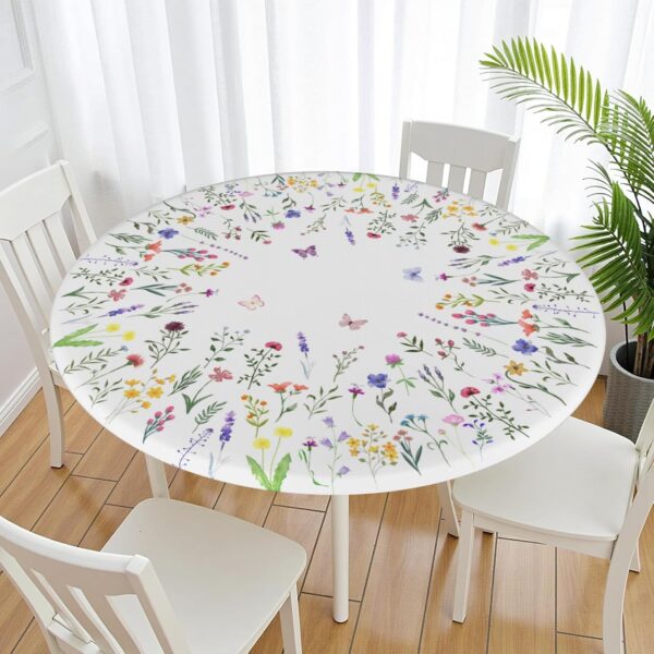 Spring Summer Floral Round Fitted Tablecloth with Elastic Edge 40-44 Inch Wildflower Butterfly Table Cover Washable Rustic Farmhouse Table Cloth for Kitchen Dining Easter Party Decor 2