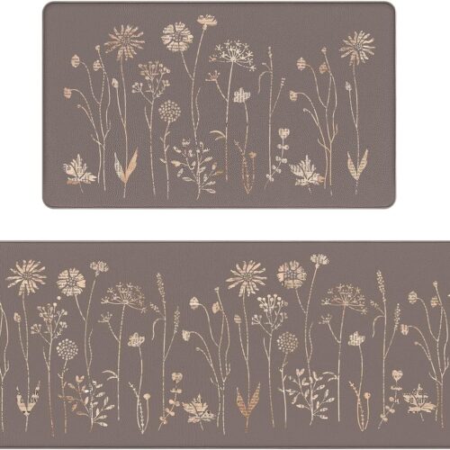 KHLS-SEV-AP-1488_1 Rempry Floral Kitchen Mats for Floor, Non Slip Kitchen Rugs and Mat Set of 2, Waterproof Cushioned Anti Fatigue Kitchen Mat, 17"x47"+17"x29", Brown