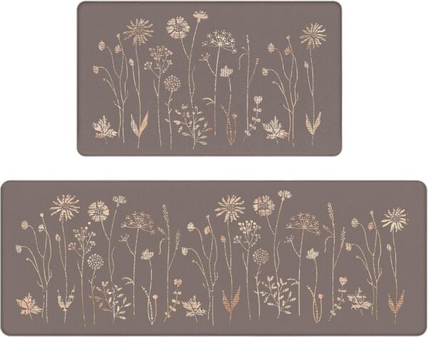 Rempry Floral Kitchen Mats for Floor, Non Slip Kitchen Rugs and Mat Set of 2, Waterproof Cushioned Anti Fatigue Kitchen Mat, 17"x47"+17"x29", Brown 1